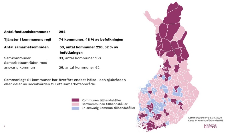 Kommunkarta: Organiseringen av social- och hälsovården 2020