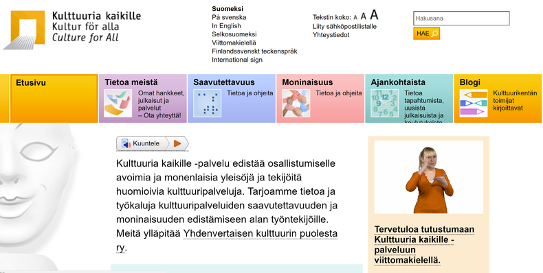 Kuva 3. Viittomakielen kuvaruutu ja selkokieli-symboli Kulttuuria Kaikille –palvelun verkkopalvelussa.