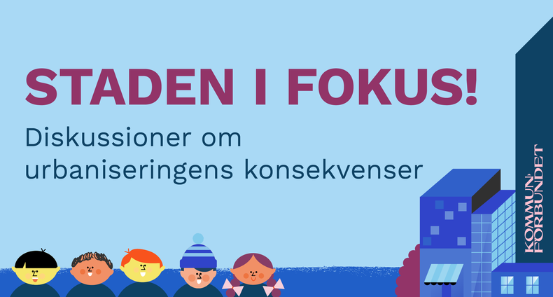 Tecknad bild av en grupp invånare med en stad i bakgrunden