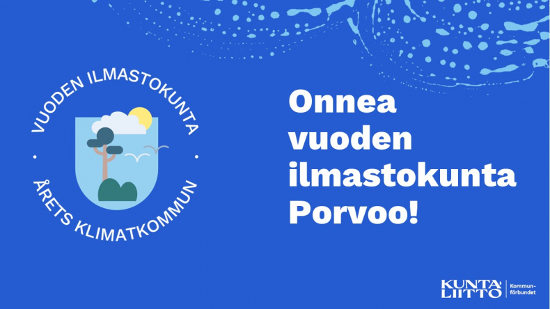 Sininen kuvapohja, jolla lukee onnea vuoden ilmastokunta Porvoo!
