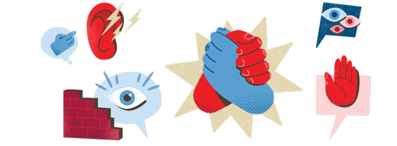 Erilaisia rasisminvastaisia piirroskuvia.